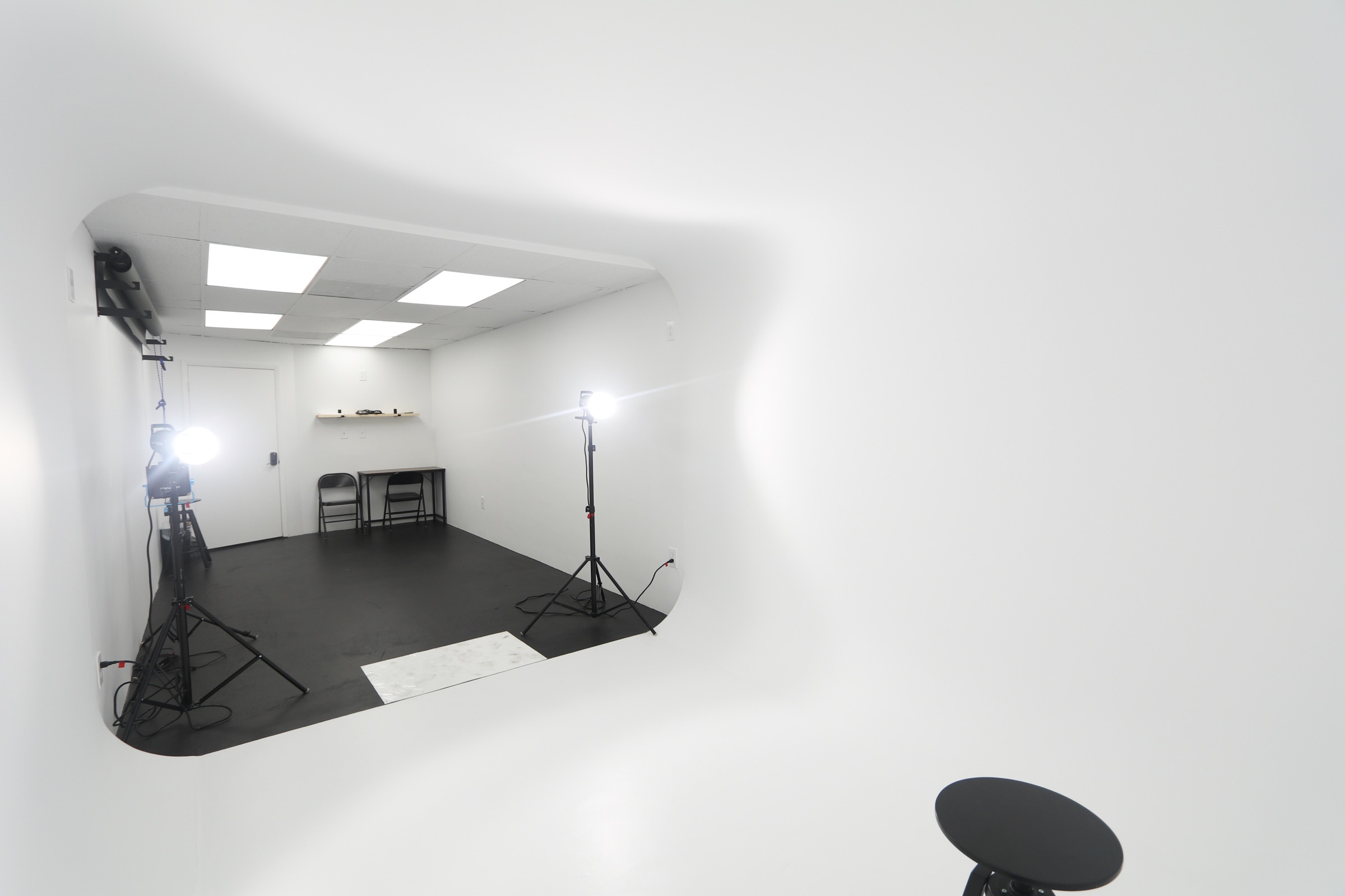View across the seamless white cyclorama