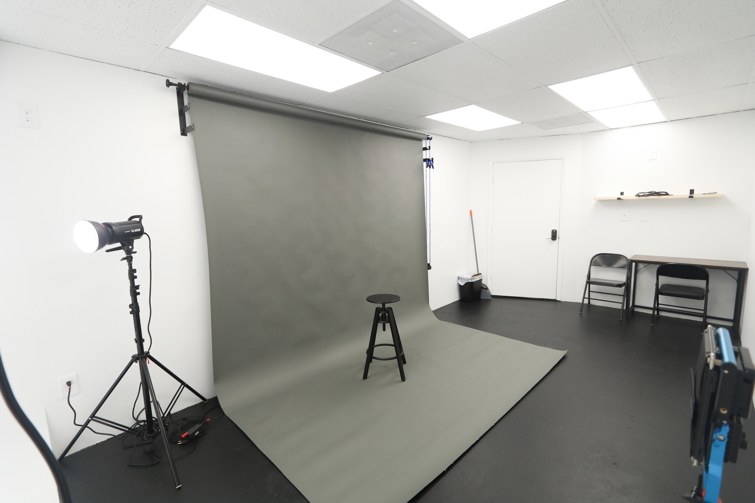 Wide view of the grey backdrop and lighting